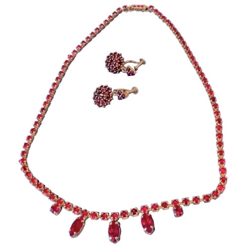 Czech 1880-90Antique handmade Bohemian Garnet necklace crystalcup&screw earrings